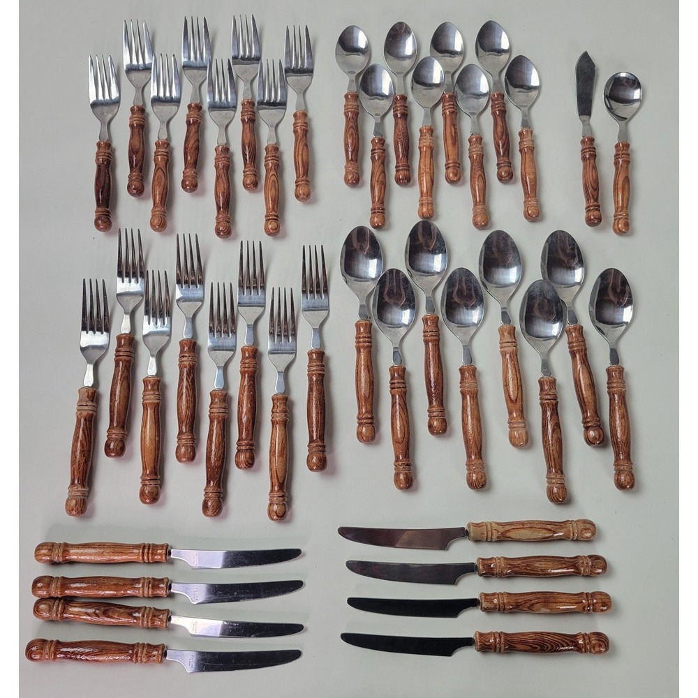 Lifetime Cutlery Old Homestead Wood Handle Flatware Set 42 Pc Vintage Stainless